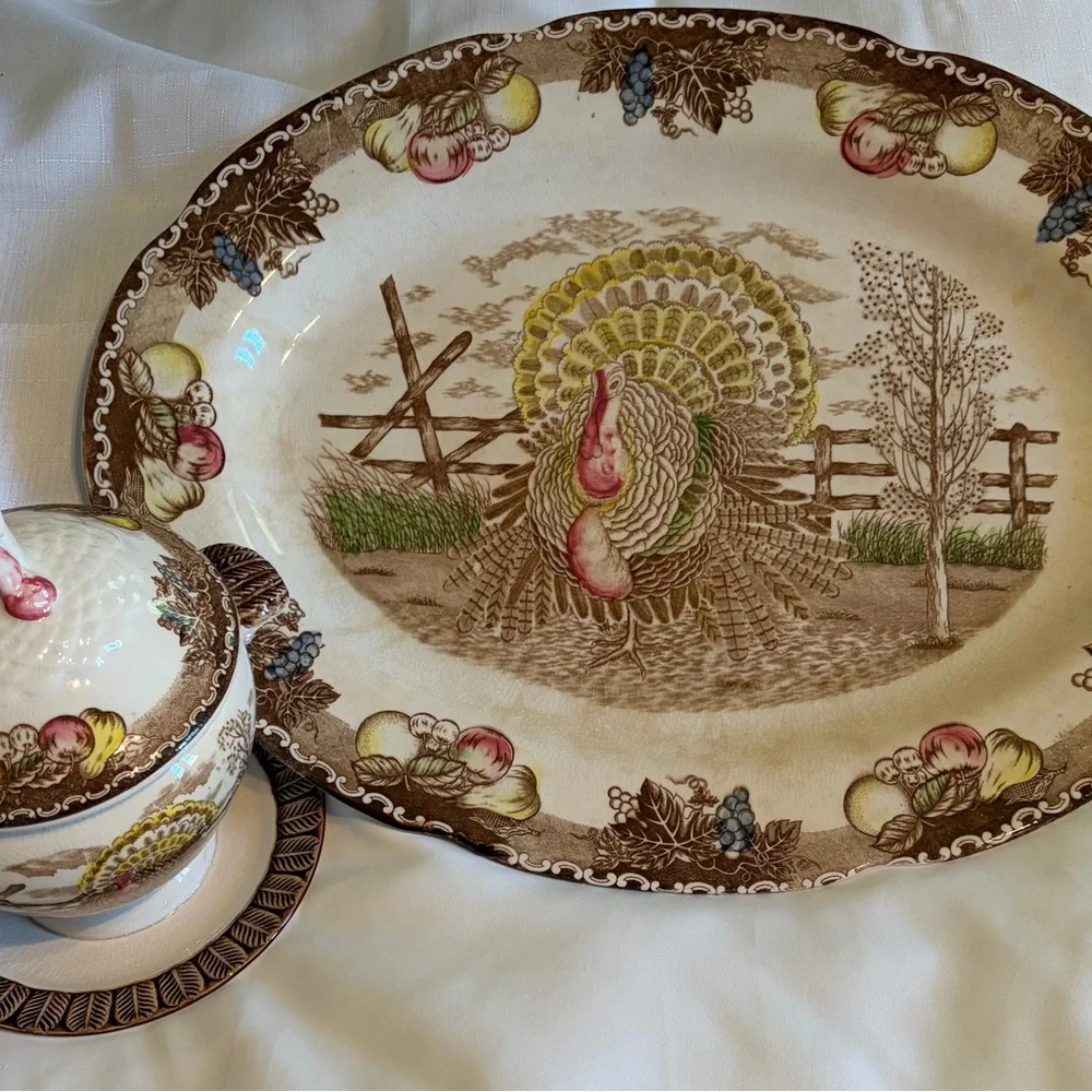 Vintage King Tom Turkey Platter & Covered Gravy Boat Ironstone Thanksgiving Set